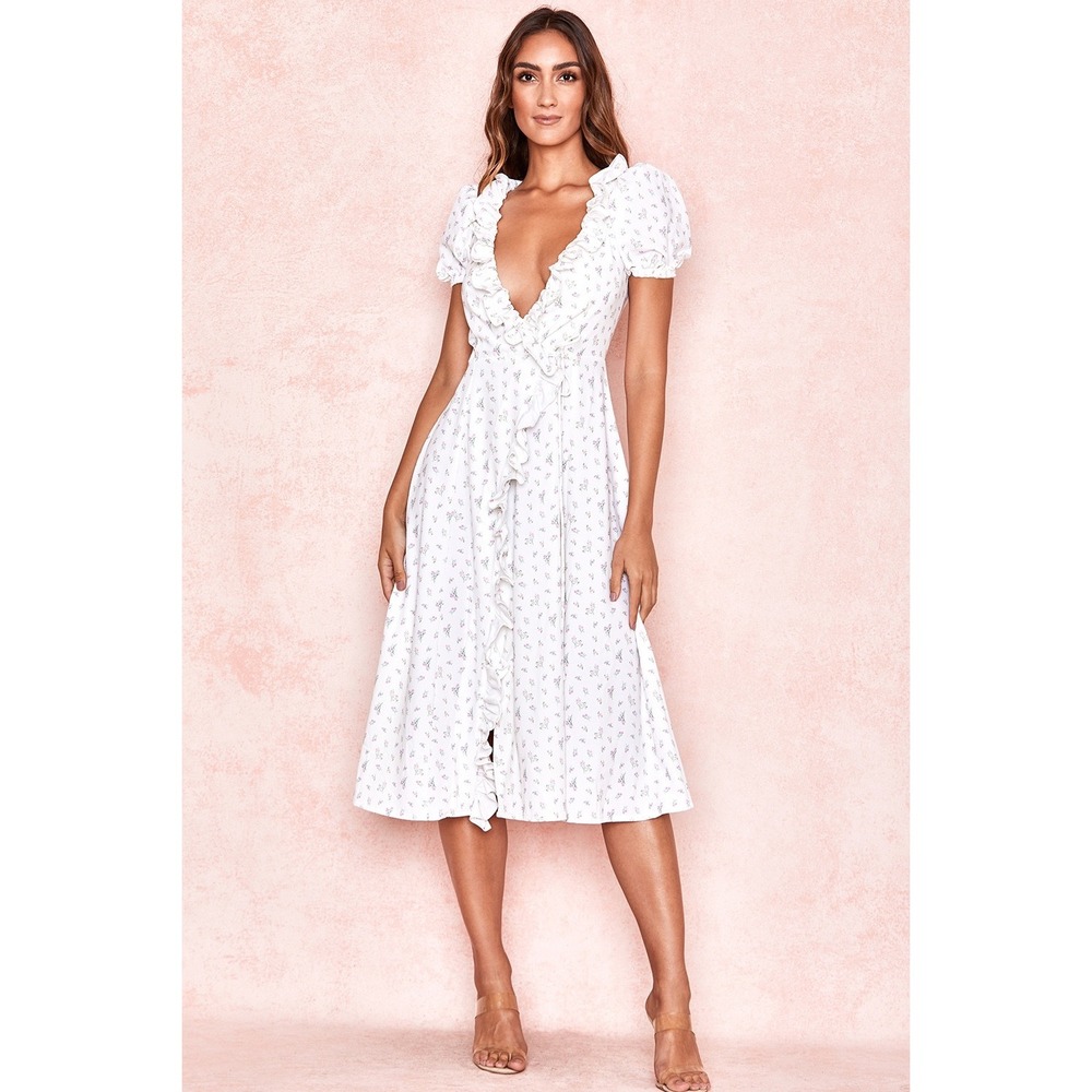 House of CB LINA Floral Wrap Midi Sundress White XS Cottage - Picture 2 of 10